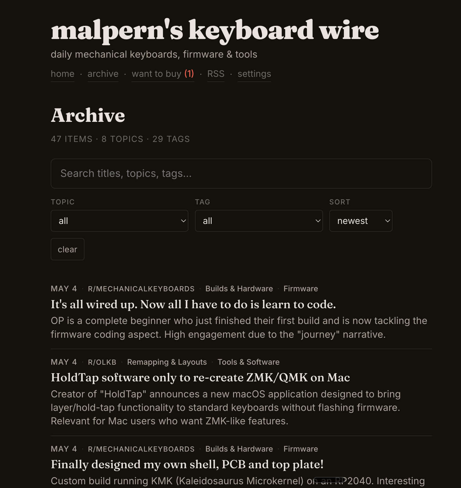 The keyboard wire archive page showing 47 items across 8 topics and 29 tags, with search, topic and tag filters, and sorted item cards with source badges and takeaway summaries.