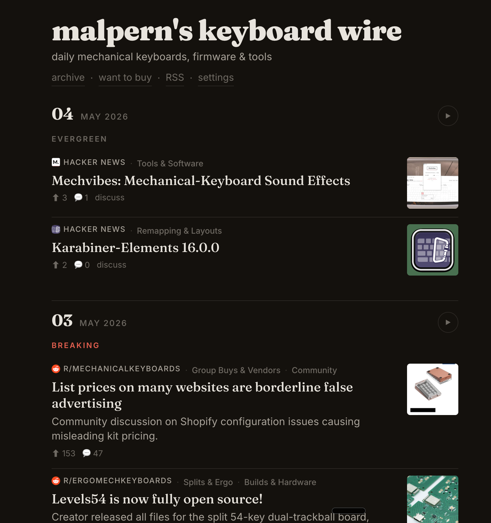 The keyboard wire landing page showing two days of curated items — source badges, topic tags, thumbnails, and Techmeme-style headlines.
